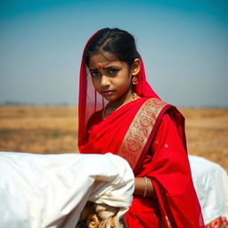 A Hindu girl in an elegant red sari, her eyes filled with tears, stands near the white cloth-covered cot of the deceased in an open field