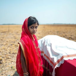 A Hindu girl in an elegant red sari, her eyes filled with tears, stands near the white cloth-covered cot of the deceased in an open field