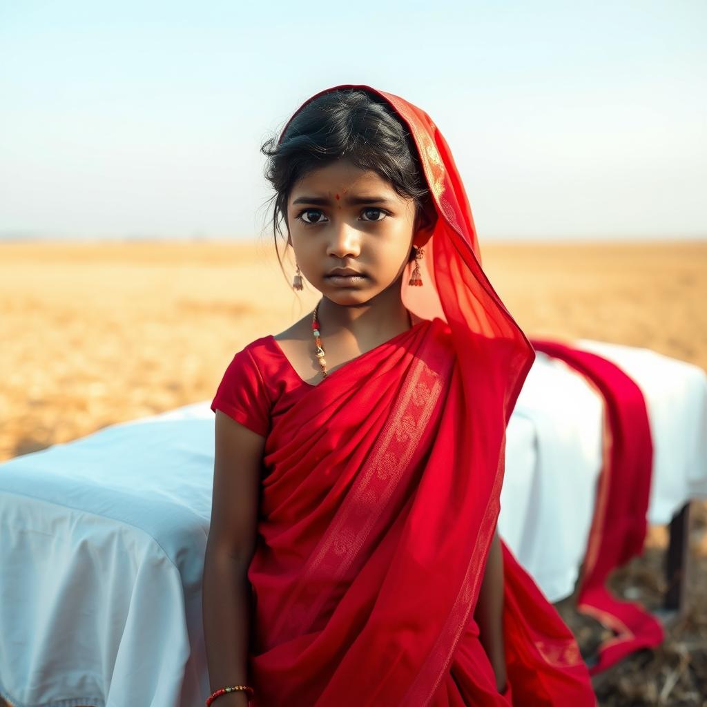 A Hindu girl in an elegant red sari, her eyes filled with tears, stands near the white cloth-covered cot of the deceased in an open field