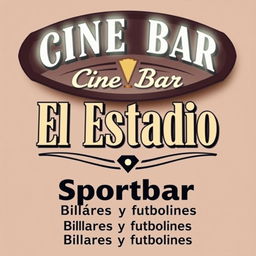 An elegant vintage cinema sign with the words "Cine Bar El Estadio" in large, bold letters