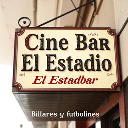 An elegant vintage cinema sign with the words "Cine Bar El Estadio" in large, bold letters