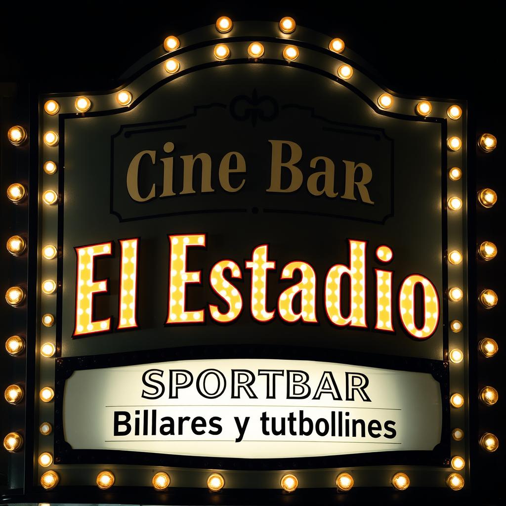 An elegant vintage cinema sign with the words "Cine Bar El Estadio" in large, bold letters