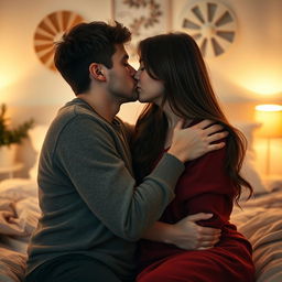 A romantic and intimate scene, capturing the close moment between a young couple kissing on the bed