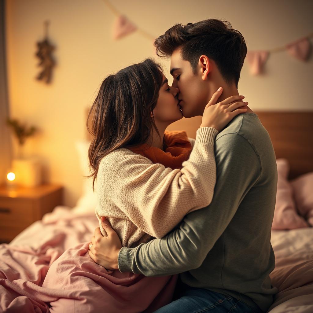 A romantic and intimate scene, capturing the close moment between a young couple kissing on the bed