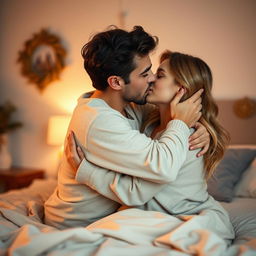 A romantic and intimate scene, capturing the close moment between a young couple kissing on the bed