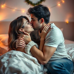 A romantic and intimate scene, capturing the close moment between a young couple kissing on the bed