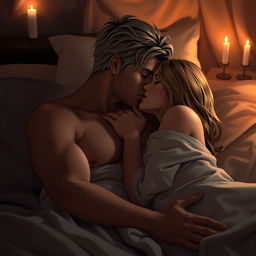 A dark blonde-haired man and a woman kissing gently in bed