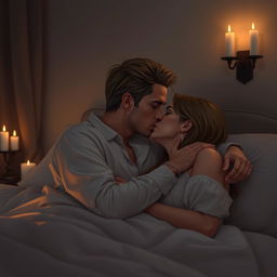 A dark blonde-haired man and a woman kissing gently in bed