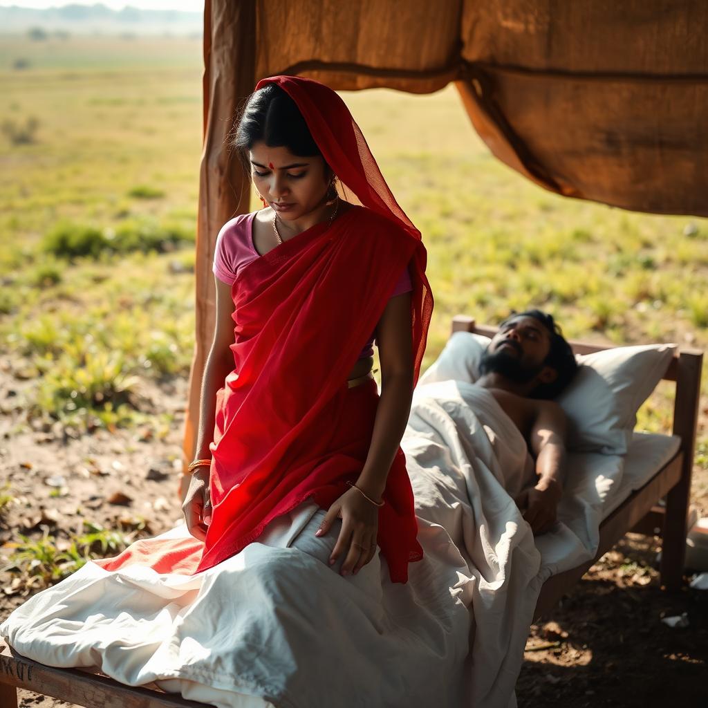 A Hindu girl in a traditional red sari, visibly weeping, stands near the body of a deceased man, covered with a white cloth and resting on a simple bed in a secluded area of an open field