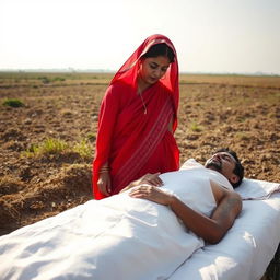 A Hindu girl in a traditional red sari, visibly weeping, stands near the body of a deceased man, covered with a white cloth and resting on a simple bed in a secluded area of an open field