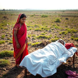 A Hindu girl in a traditional red sari, visibly weeping, stands near the body of a deceased man, covered with a white cloth and resting on a simple bed in a secluded area of an open field