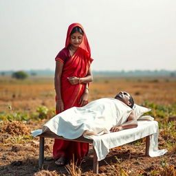 A Hindu girl in a traditional red sari, visibly weeping, stands near the body of a deceased man, covered with a white cloth and resting on a simple bed in a secluded area of an open field