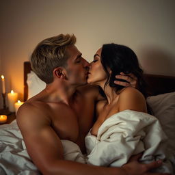 A dark blonde-haired man, shirtless, and a brunette woman kissing gently in bed