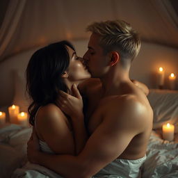 A dark blonde-haired man, shirtless, and a brunette woman kissing gently in bed