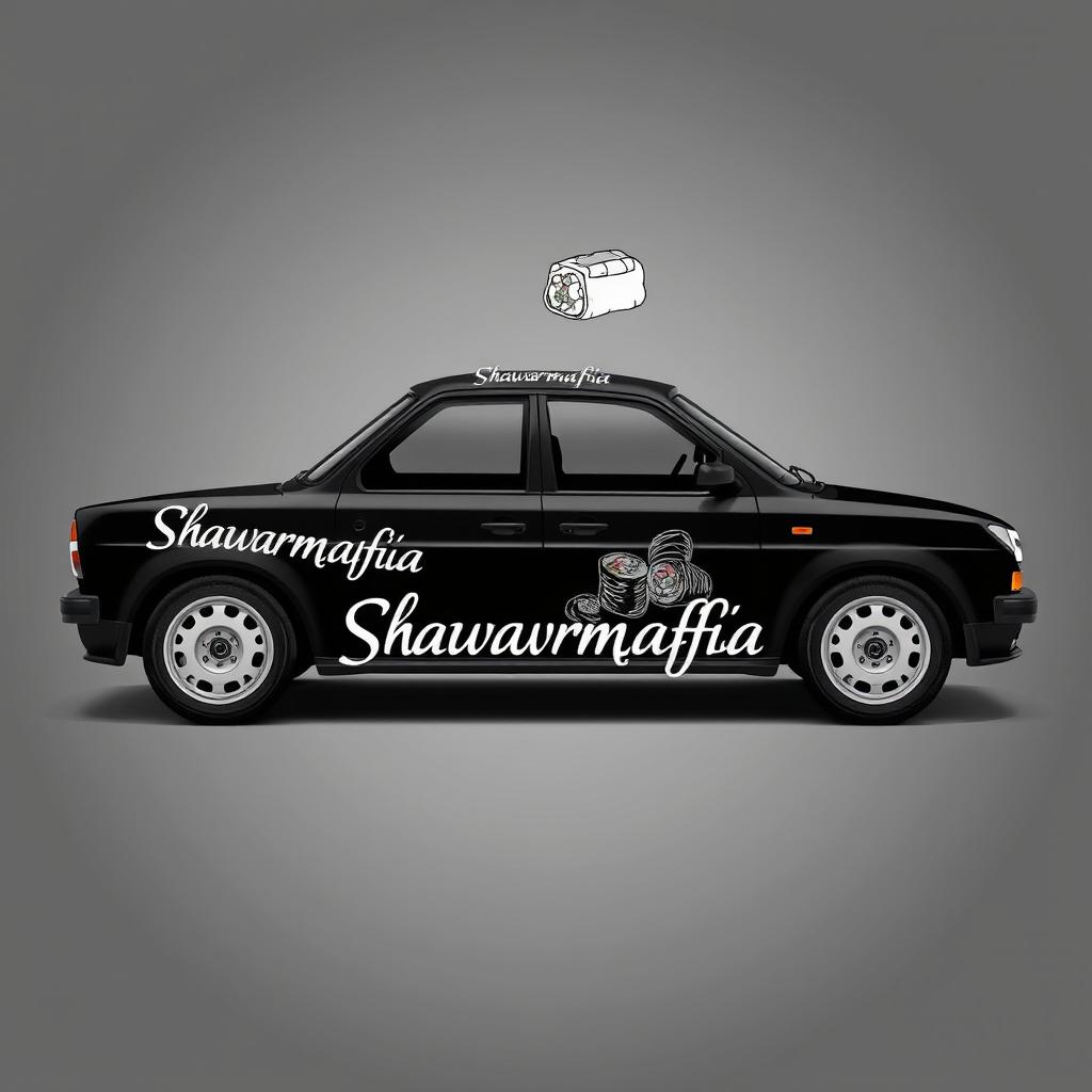 A VAZ 1111 OKA car uniquely customized for food delivery in a sleek black and white monochrome design