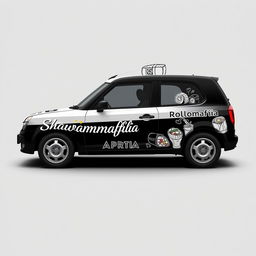 A VAZ 1111 OKA car uniquely customized for food delivery in a sleek black and white monochrome design