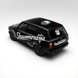 A VAZ 1111 OKA car uniquely customized for food delivery in a sleek black and white monochrome design