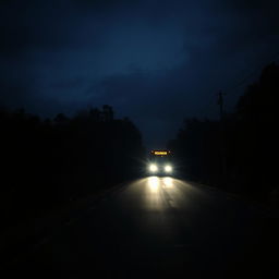 A lonely, dimly lit road at night with a single bus driving down the path