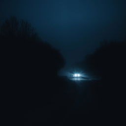 A lonely, dimly lit road at night with a single bus driving down the path