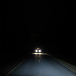 A lonely, dimly lit road at night with a single bus driving down the path