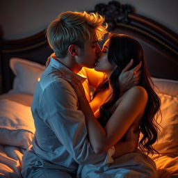 A dark blonde-haired young man and a brunette woman sharing an intimate kiss in a romantic setting on a luxurious bed