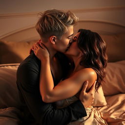 A dark blonde-haired young man and a brunette woman sharing an intimate kiss in a romantic setting on a luxurious bed