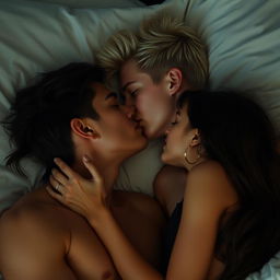 A dark blonde-haired young man, shirtless, and a brunette woman sharing an intimate, tender kiss while lying close together on a bed