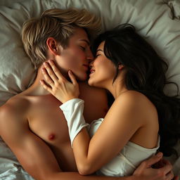 A dark blonde-haired young man, shirtless, and a brunette woman sharing an intimate, tender kiss while lying close together on a bed