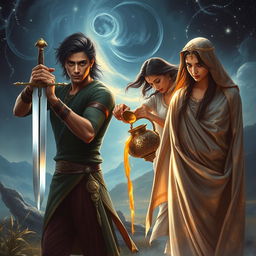 A captivating scene featuring Aryan, Meera, and Kabir positioned slightly off-center to the right