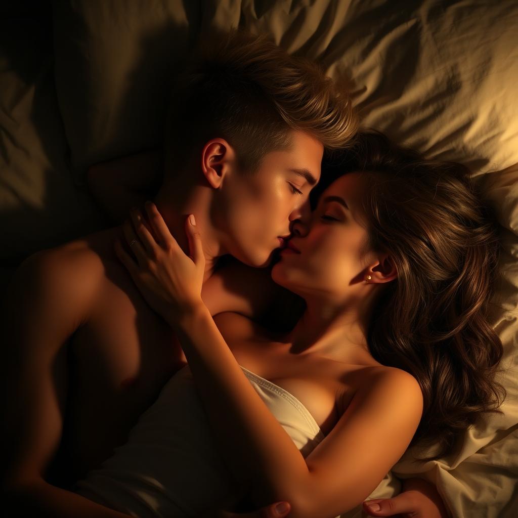 A dark blonde-haired young man, shirtless, and a brunette woman sharing a tender kiss while lying cozily on a bed