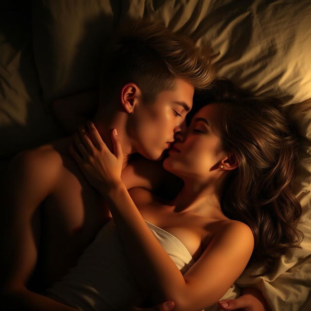 A dark blonde-haired young man, shirtless, and a brunette woman sharing a tender kiss while lying cozily on a bed