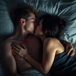 A dark blonde-haired young man, shirtless, and a brunette woman sharing a tender kiss while lying cozily on a bed