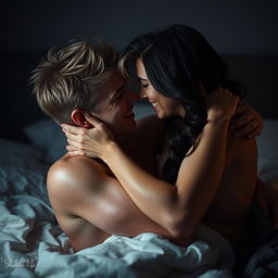 A dark blonde-haired young man, shirtless, and a brunette woman engaging in a passionate embrace on a bed, their expressions filled with affection and warmth