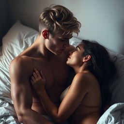 A dark blonde-haired young man, shirtless, and a brunette woman sharing an intimate, passionate moment on a bed