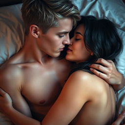 A dark blonde-haired young man, shirtless, intimately close with a brunette woman on a bed