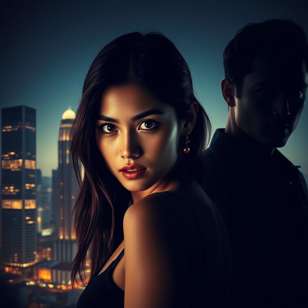 Foreground features a dramatic scene with a young woman gazing towards the viewer, embodying a sense of mystery and allure in front of a softly lit silhouette of Jakarta's skyscrapers, adorned with the twinkling city lights