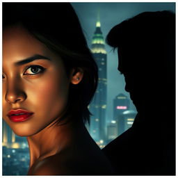 Foreground features a dramatic scene with a young woman gazing towards the viewer, embodying a sense of mystery and allure in front of a softly lit silhouette of Jakarta's skyscrapers, adorned with the twinkling city lights