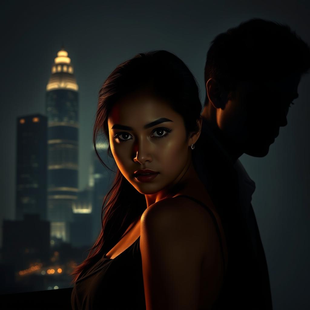 Foreground features a dramatic scene with a young woman gazing towards the viewer, embodying a sense of mystery and allure in front of a softly lit silhouette of Jakarta's skyscrapers, adorned with the twinkling city lights