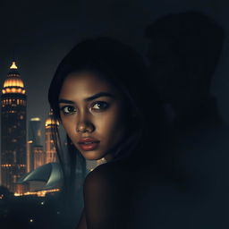 Foreground features a dramatic scene with a young woman gazing towards the viewer, embodying a sense of mystery and allure in front of a softly lit silhouette of Jakarta's skyscrapers, adorned with the twinkling city lights