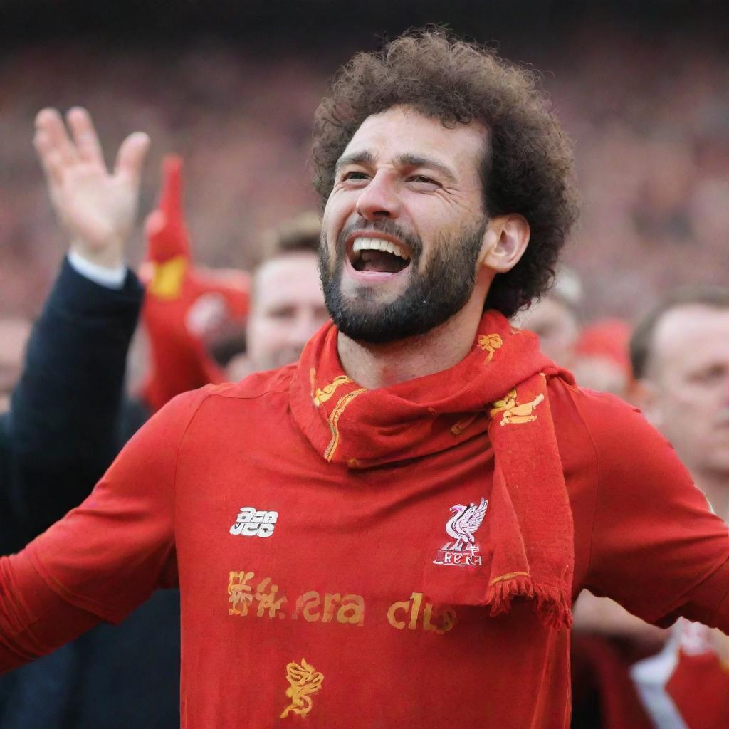 A passionate Liverpool football fan, wearing a vibrant red jersey, cheering enthusiastically with a scarf in their hand