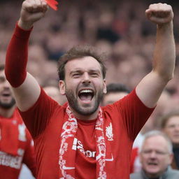 A passionate Liverpool football fan, wearing a vibrant red jersey, cheering enthusiastically with a scarf in their hand