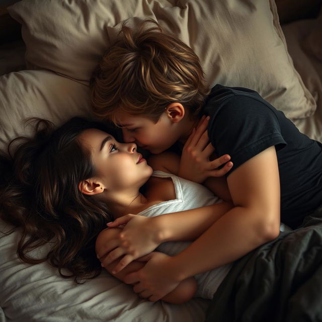 A romantic, intimate moment capturing a youthful brunette girl and a dark blonde-haired boy sharing a close embrace, lying on a bed