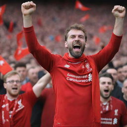 A passionate Liverpool football fan, wearing a vibrant red jersey, cheering enthusiastically with a scarf in their hand