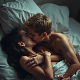 A romantic, intimate moment capturing a youthful dark blonde-haired boy and a brunette girl sharing a close embrace in a bed setting