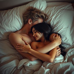 A romantic, intimate moment capturing a youthful dark blonde-haired boy and a brunette girl sharing a close embrace in a bed setting