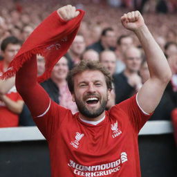 A passionate Liverpool football fan, wearing a vibrant red jersey, cheering enthusiastically with a scarf in their hand