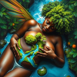 A polished oil-based painting depicting a stunning full body aerial macro view of a gorgeous nude dark-skinned black woman