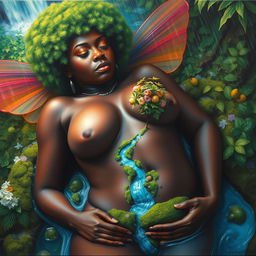 A polished oil-based painting depicting a stunning full body aerial macro view of a gorgeous nude dark-skinned black woman