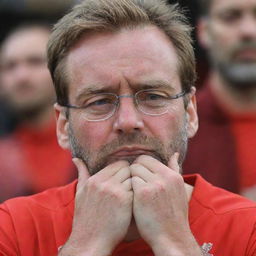 A disheartened Liverpool fan, clad in red jersey, eyes welling up with tears due to Klopp's departure announcement.