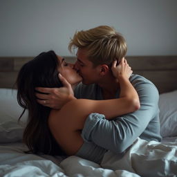 A young dark blonde-haired man and a brunette woman sharing an intimate moment by kissing on the bed